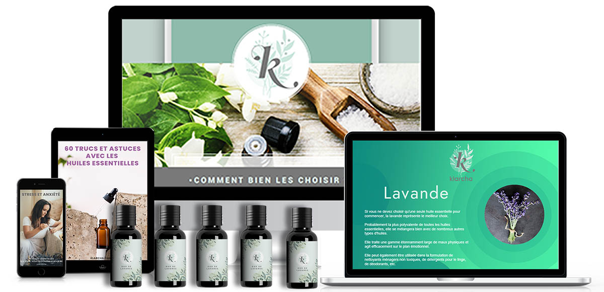 Pack de 5 huiles essentielles accompagnées d'un guide vidéo et de plusieurs bonus